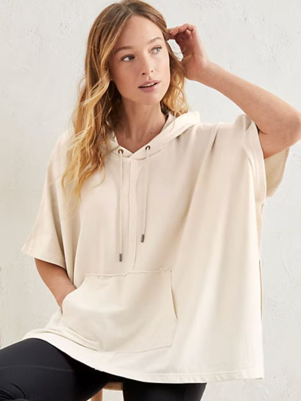 Garnet Hill S/M French Terry Cloth Hooded Poncho Beige Organic Cotton